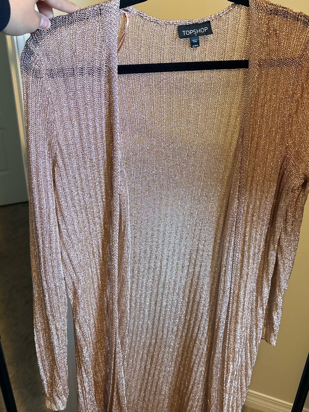 TOPSHOP Rose Gold Metallic Ribbed Open-Front Cardigan